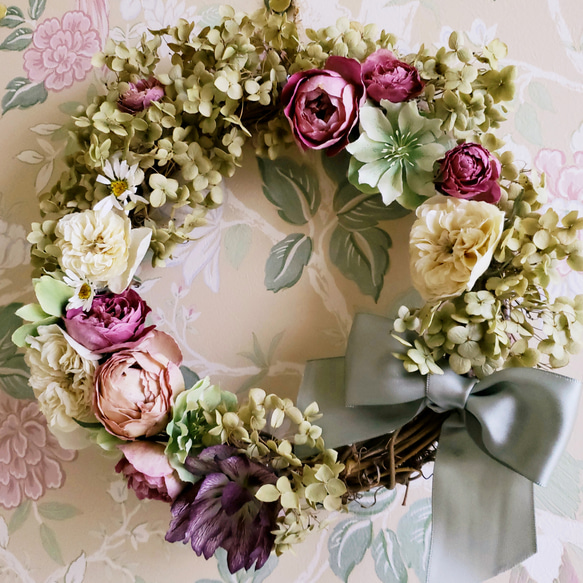 ドライフラワーリース　薔薇と紫陽花のリース 薔薇と紫陽花とクリスマスローズのリース size M ***オーガニック