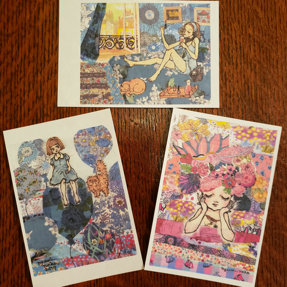 再販(前販売分から紙質が変わりました)リバティプリントコラージュのポストカードセット*送料無料*ブルー系ピンク系 ３枚 2枚目の画像
