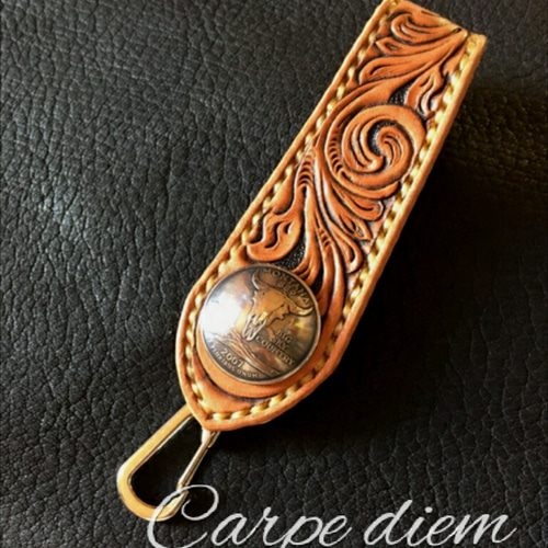 レザーカービングキーホルダー キーリング 革工房 Carpe diem レザーカービングキーホルダー キーリング 革工房 Carpe diem