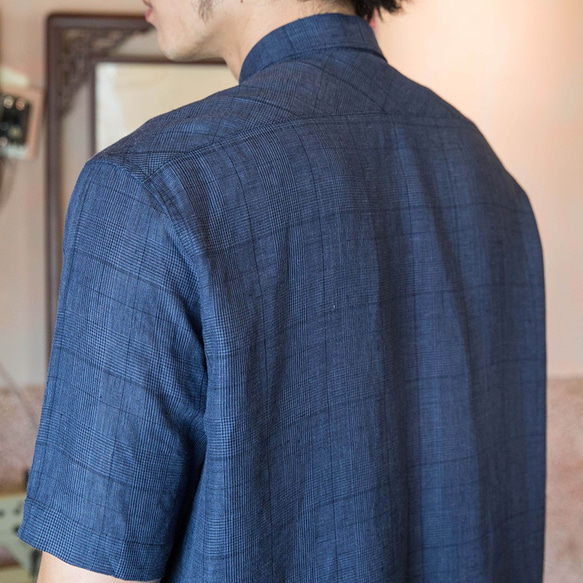 100%純苧麻經典沈藍格紋短袖襯衫SHIRT_H002 第5張的照片