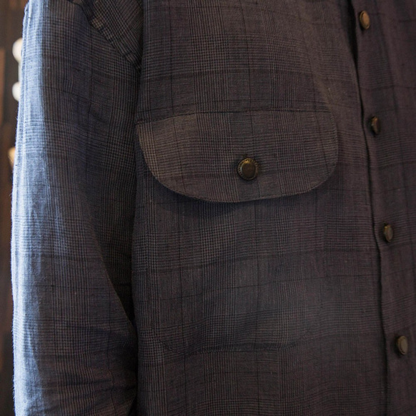 100%純苧麻經典沈藍格紋長袖襯衫SHIRT_H004 第4張的照片