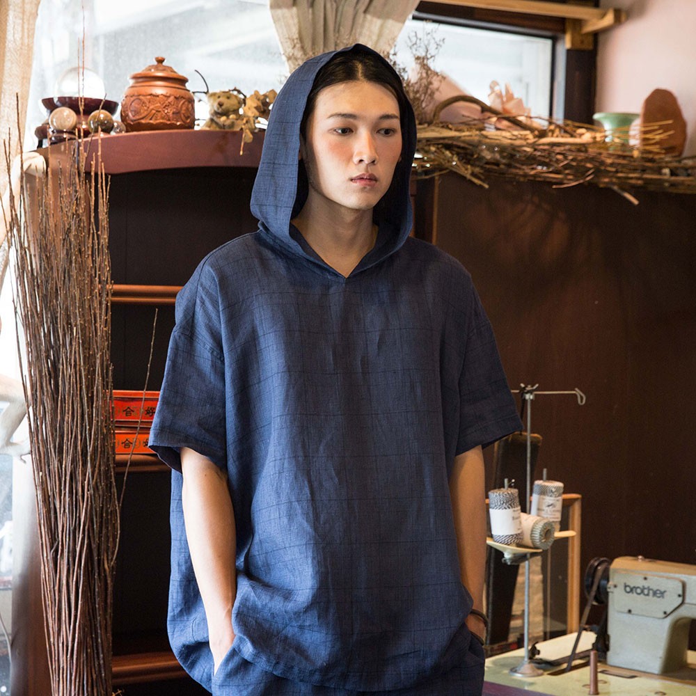 100％純粋なラミークラシックシンクブルーチェック柄半袖フード付きトップHOODIE_H008