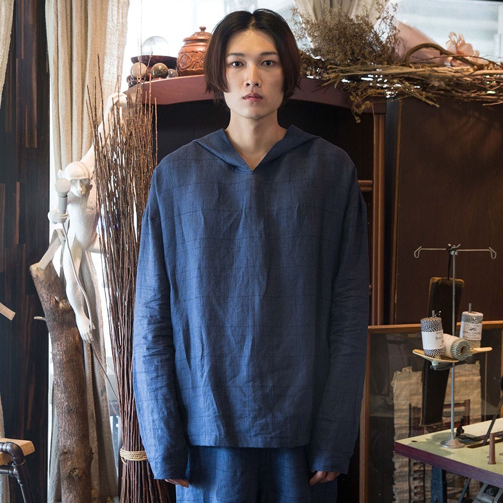 100％純粋なラミークラシックシンクブルーチェック柄長袖フード付きトップHOODIE_H009