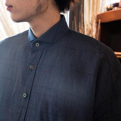 100%純苧麻經典沈藍格紋短袖襯衫SHIRT_H003 第6張的照片