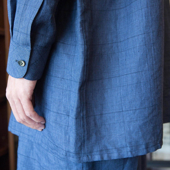 100%純苧麻經典沈藍格紋長袖襯衫SHIRT_H004 第4張的照片