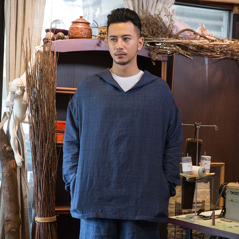 100％純粋なラミークラシックシンクブルーチェック柄長袖フード付きトップHOODIE_H009