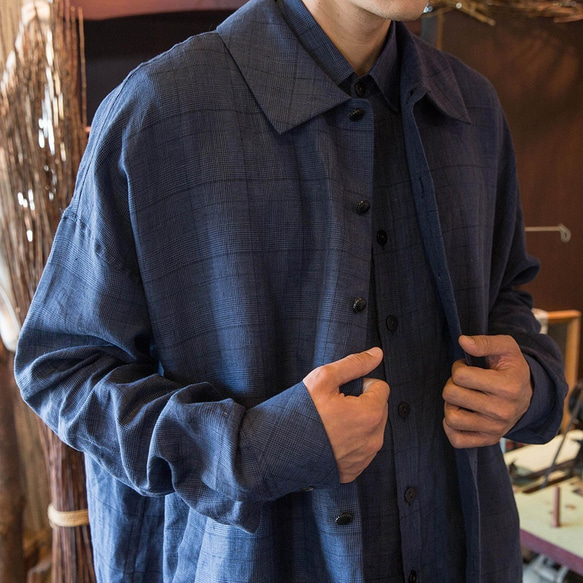 100%純苧麻經典沈藍格紋長袖外套COAT_X002 第5張的照片