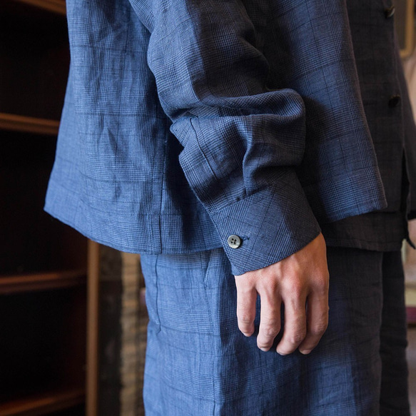 100%純苧麻經典沈藍格紋長袖外套COAT_X002 第6張的照片