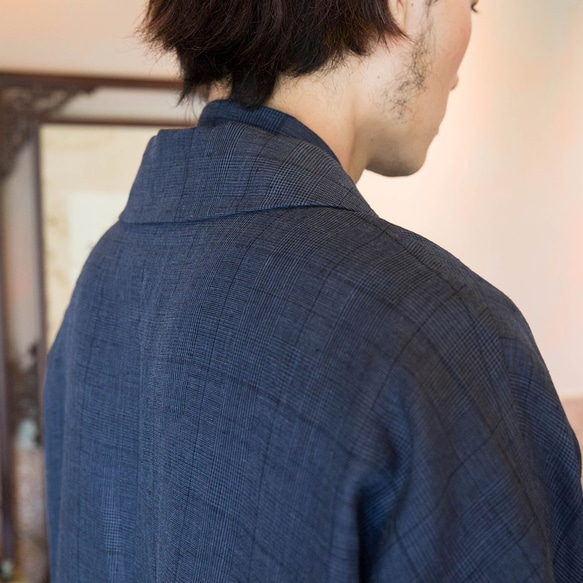 100%純苧麻經典沈藍格紋長袖外套COAT_X002 第7張的照片