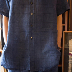 100%純苧麻經典沈藍格紋短袖襯衫SHIRT_H003 第3張的照片
