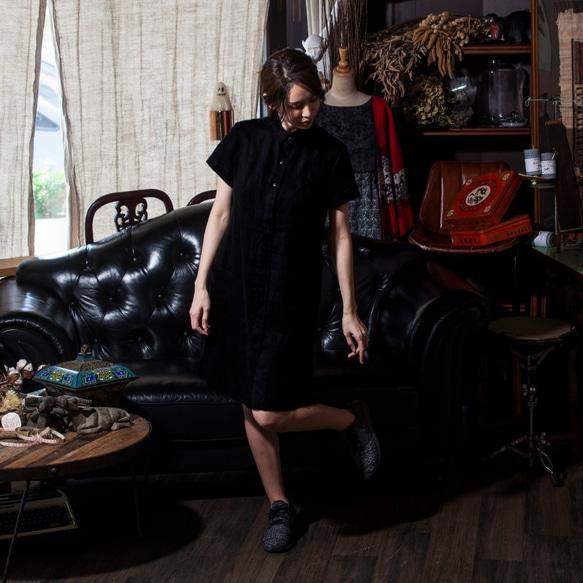 純苧麻有領短袖洋裝黑100%RAMIE DRESS ONE PIECE_CD011 第3張的照片