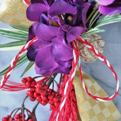 新作　お正月飾り　しめ縄　しめ飾り　パープル色のモカラと稲穂のしめ飾り　ロングサイズ 4枚目の画像