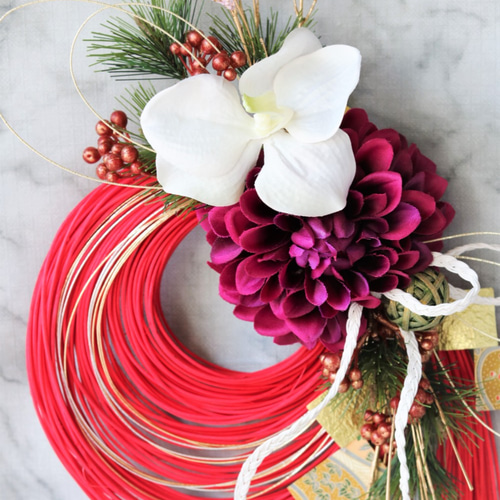再販 お正月飾り しめ縄 しめ飾り ラタン紅 紫色のダリアと胡蝶
