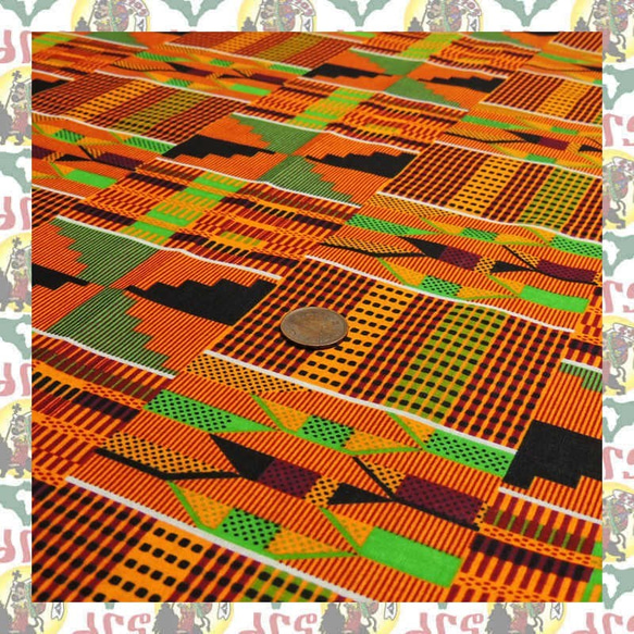 アフリカンプリント布　生地　KENTE 橙　アフリカンバティック　幾何学模様 1枚目の画像