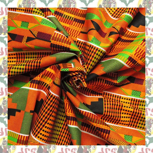 アフリカンプリント布　生地　KENTE 橙　アフリカンバティック　幾何学模様 2枚目の画像
