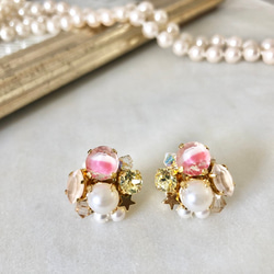 ◆イヤリング対応◆star bijou -pink givre- 星の輝くビジューアクセサリー ピンク×パール 1枚目の画像