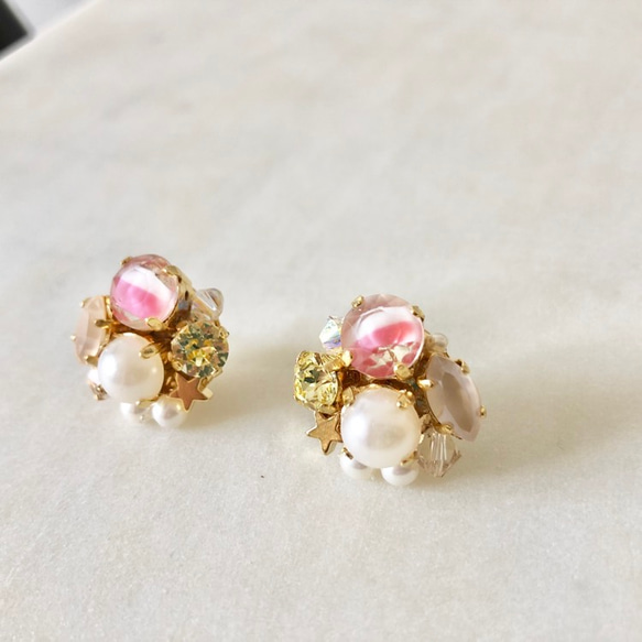 ◆イヤリング対応◆star bijou -pink givre- 星の輝くビジューアクセサリー ピンク×パール 4枚目の画像