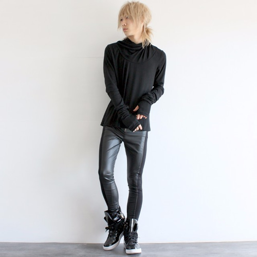 PUレザー切り替えスキニーレギンスパンツ ロングパンツ albino