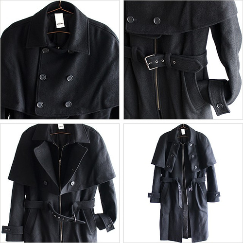 ドッキングケープデザインベルト付きウールロングコート コート albino