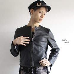 丸首デザインリアルレザーシングルライダースジャケット