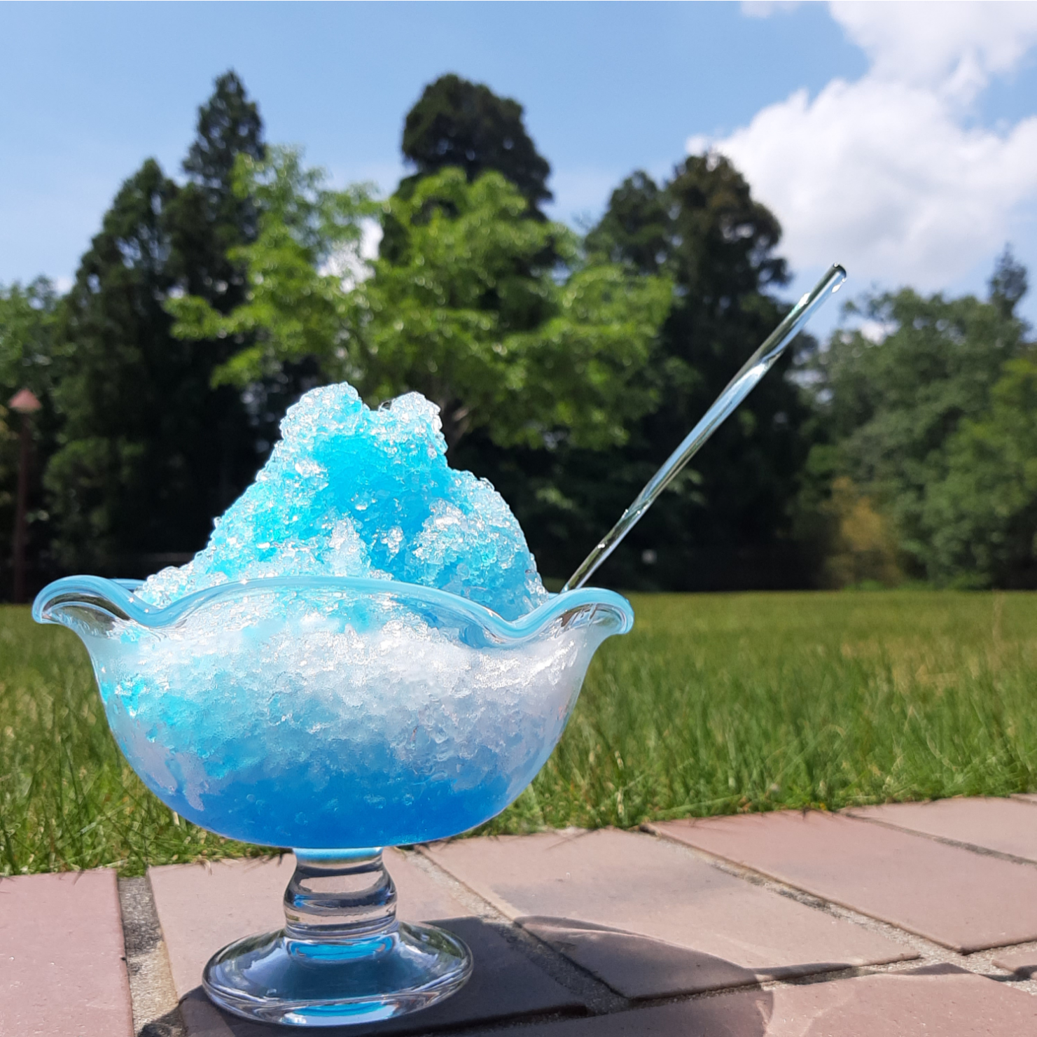 デザート鉢　氷鉢　水色のフチ　コンポート　ひだ　丸粒台座