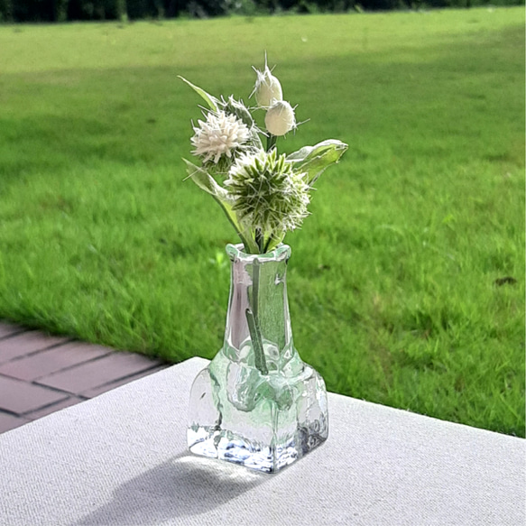 キューブ 一輪挿し 緑 吹きガラス 一輪挿し・花瓶・花器 ガラス