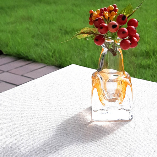 キューブ 一輪挿し オレンジ 吹きガラス 一輪挿し・花瓶・花器