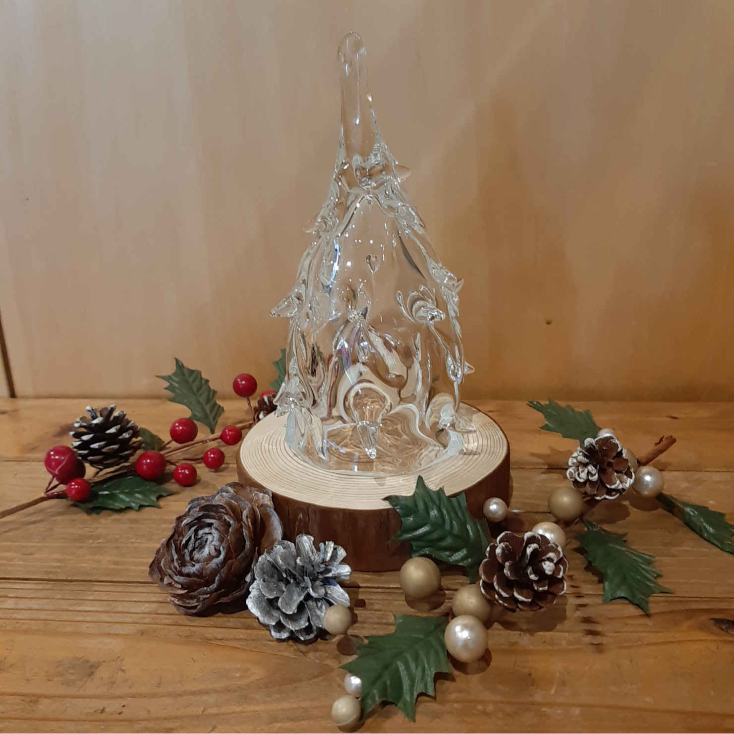 クリスマスツリー (大)吹きガラス２　透明　台付き