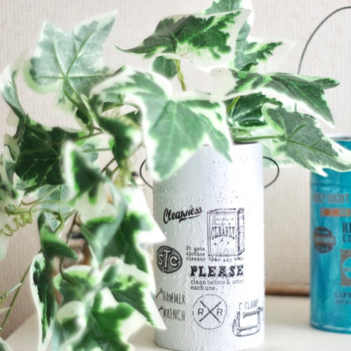 男前リメイク缶バケツ型☆フェイクアイビー付き（ブラックのみ  