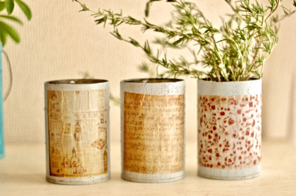 鉢にもペン立てにも！リメイク缶☆レトロラベル 一輪挿し・花瓶・花器
