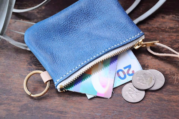 [クラシックファスナー財布 - ワックスをこする青]良い縫製革素材のパッケージ自由レタリングのカップルの手のバッグギフト財布カジ 3枚目の画像