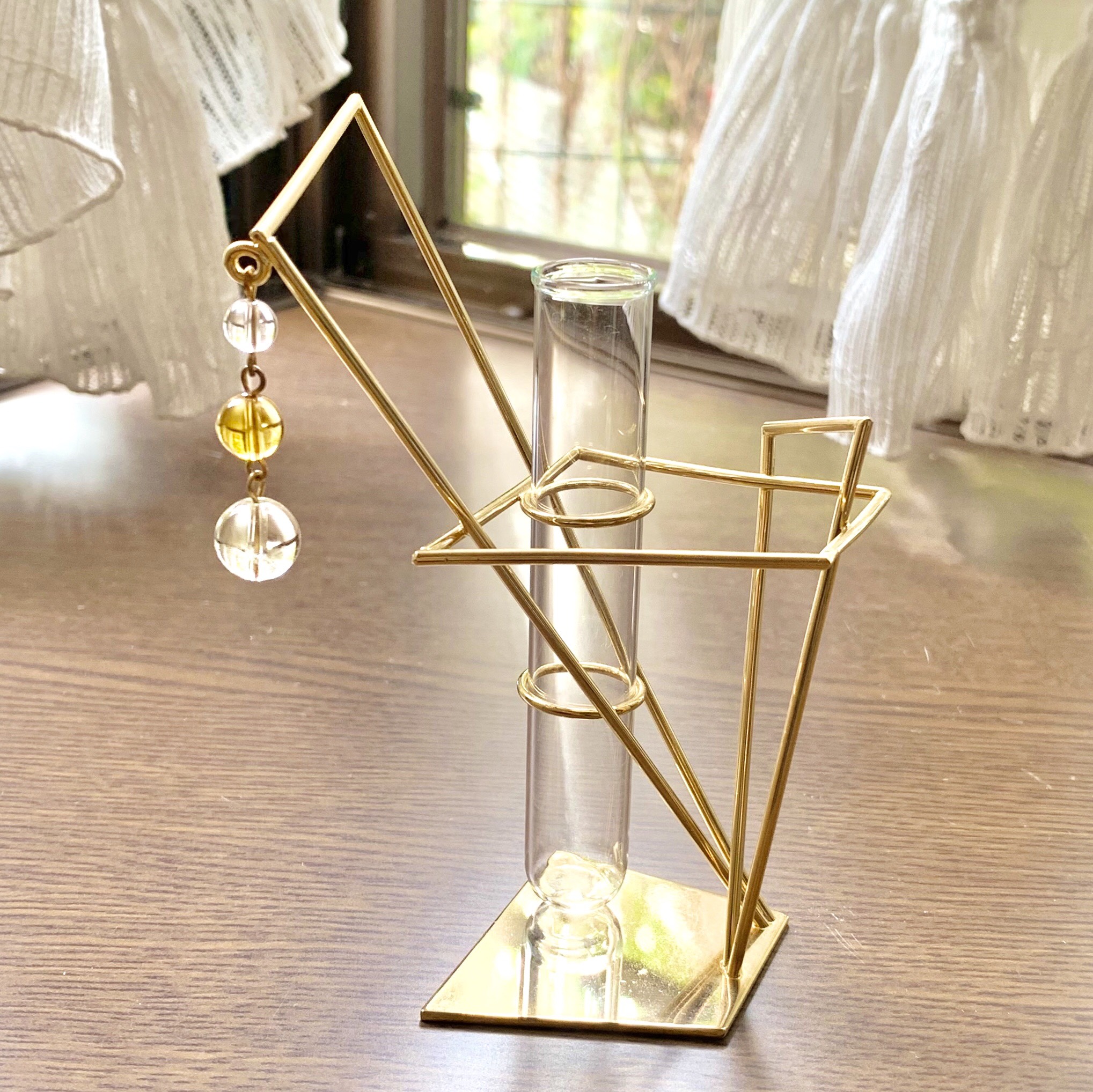 天然石 シトリンクオーツ(黄水晶) ジオメティカルオブジェの一輪挿し K18メッキ ha007