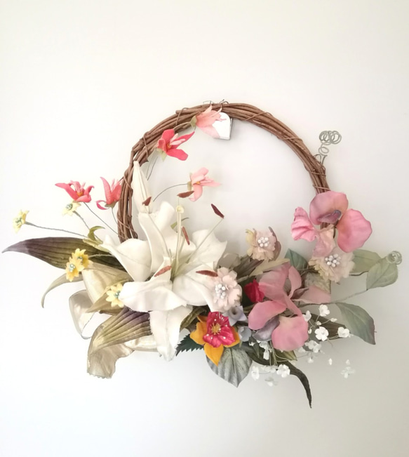 染め布花＊アンティーク・カサブランカのリース海外不可 アート