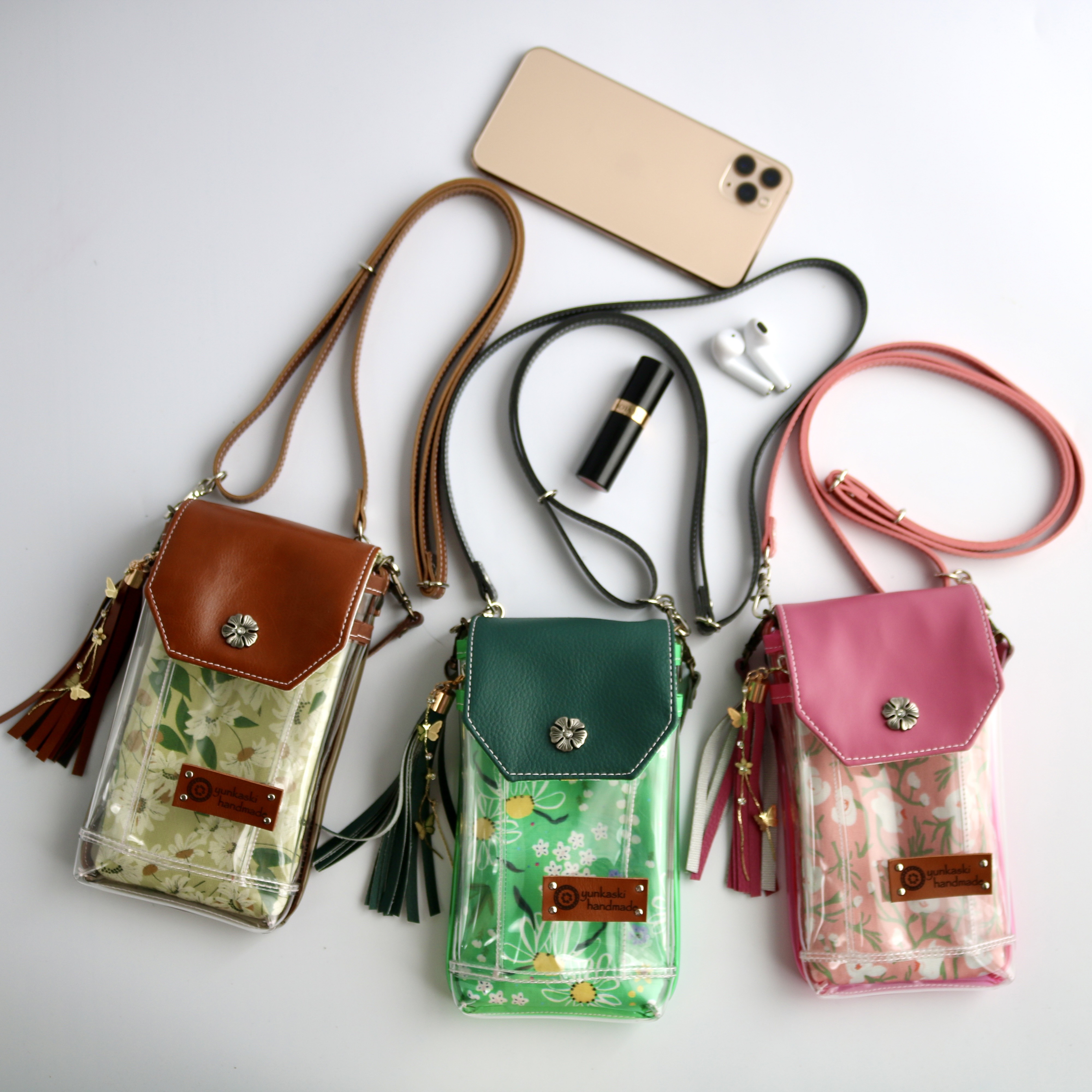 クリア素材　カラフル花　PVCスマホポシェット　　3色展開