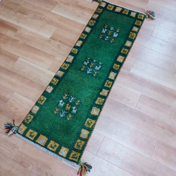 大特価40％OFF】ペルシャ絨毯　ギャッベ　ミニランナー　116×40　緑　タイル 1枚目の画像