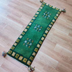 大特価40％OFF】ペルシャ絨毯　ギャッベ　ミニランナー　116×40　緑　タイル 3枚目の画像