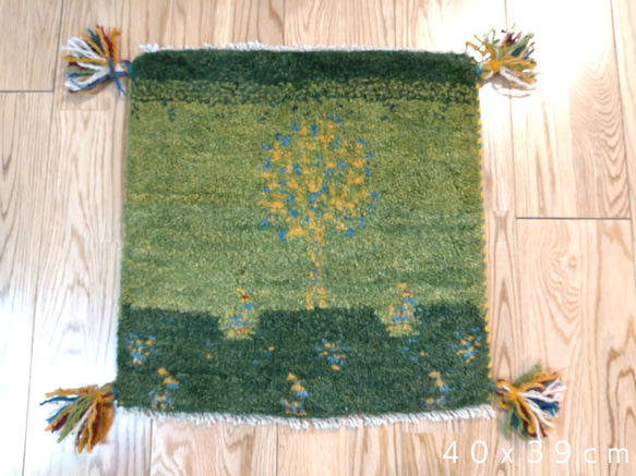 大特価40％OFF】ペルシャ絨毯　ギャッベ　ミニマット　40×39　緑　生命の木 1枚目の画像