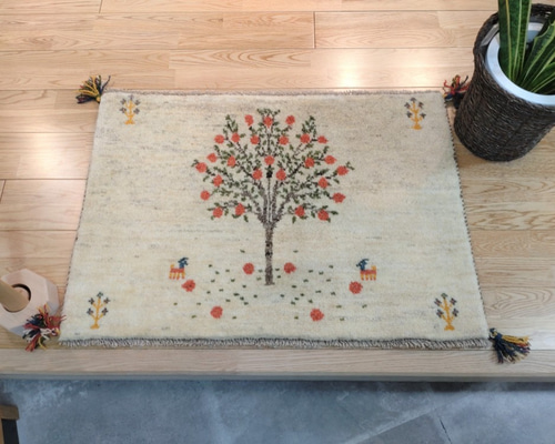 ペルシャ ギャッベ 玄関マット 横柄 88x60 ザクロの木 アイボリー