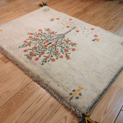 ペルシャ ギャッベ 玄関マット 横柄 88x60 ザクロの木 アイボリー