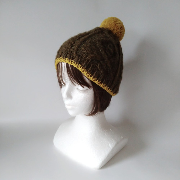 【訂做】阿蘭圖案針織帽（卡其色&amp;黃色） 第3張的照片