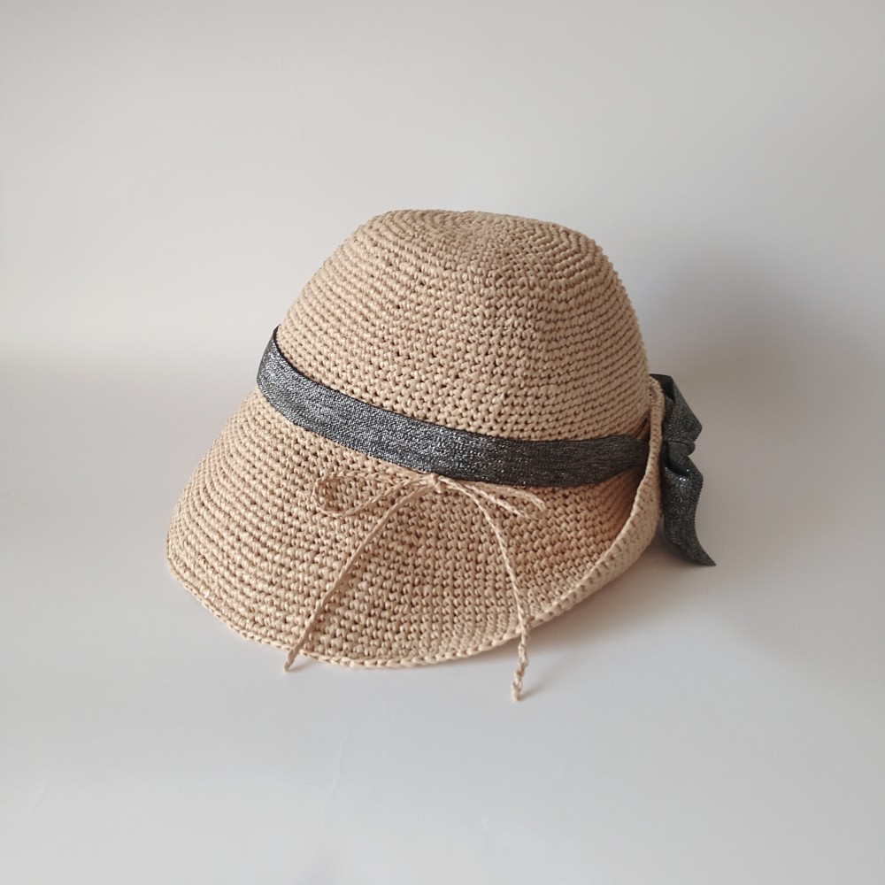 【受注制作】リボンとコードが付け替えられて、お好きなリボンに変えられる麦わら帽子（ブラック＆シルバー）