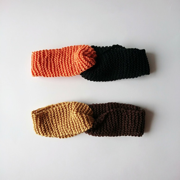【受注製作】コットン糸のバイカラーヘアバンド（オレンジ＆黒） 5枚目の画像