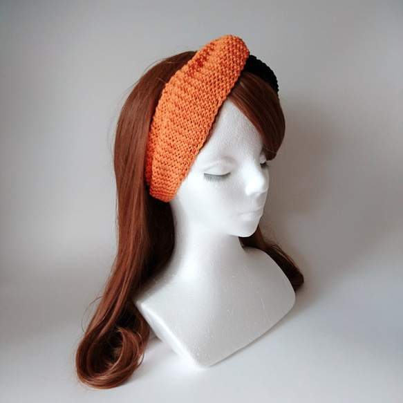【受注製作】コットン糸のバイカラーヘアバンド（オレンジ＆黒） 3枚目の画像