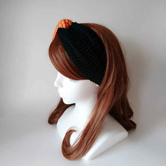 【受注製作】コットン糸のバイカラーヘアバンド（オレンジ＆黒） 4枚目の画像