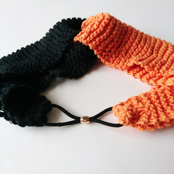 【受注製作】コットン糸のバイカラーヘアバンド（オレンジ＆黒） 7枚目の画像