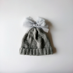 【訂做】薄紗絲帶針織帽（淺灰色） 第1張的照片