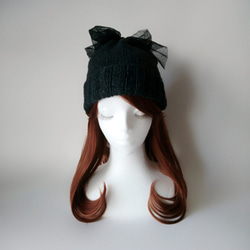 【訂做】薄紗絲帶針織帽（炭色+黑色） 第2張的照片