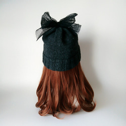 【訂做】薄紗絲帶針織帽（炭色+黑色） 第5張的照片