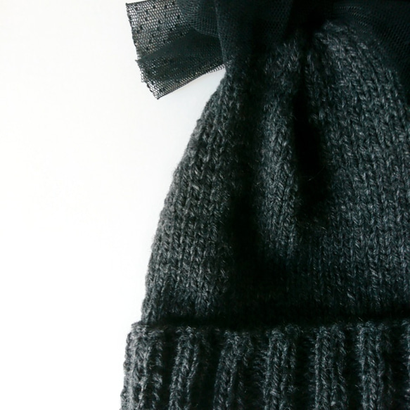【訂做】薄紗絲帶針織帽（炭色+黑色） 第8張的照片