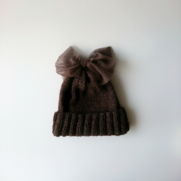 【訂做】薄紗絲帶針織帽（棕色） 第1張的照片